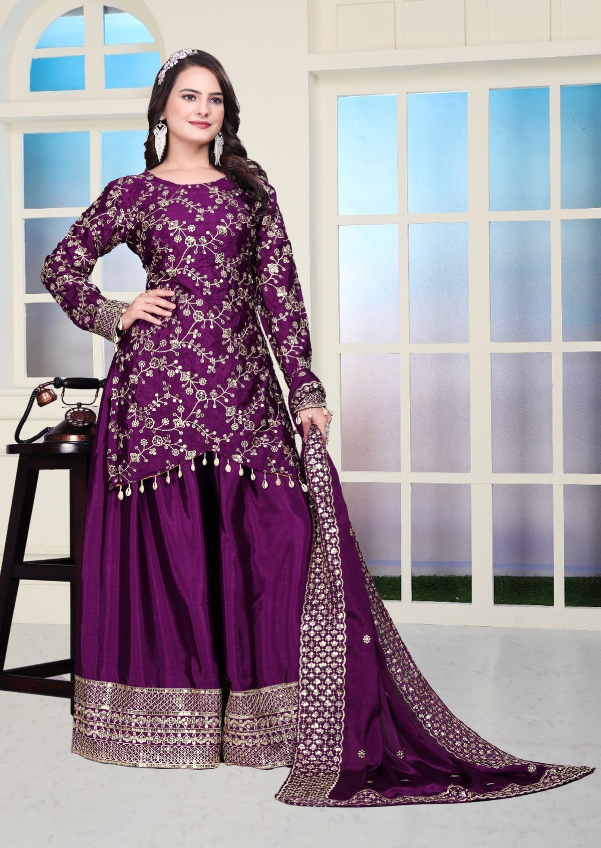 SAHELI STYLE PresentingNew Designer Embroidered Chinon Sharara Suit With Sequence Embroidered Work