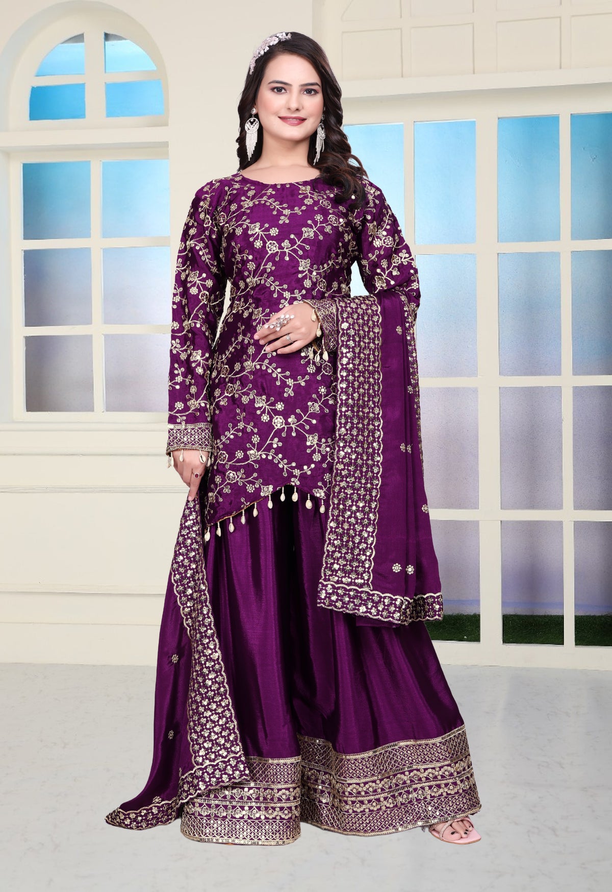 SAHELI STYLE PresentingNew Designer Embroidered Chinon Sharara Suit With Sequence Embroidered Work