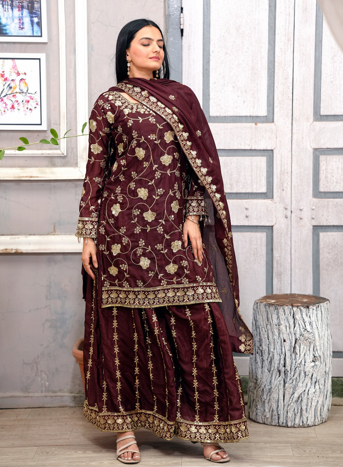 SAHELI STYLE PresentingNew Designer Embroidered Chinon Sharara Suit With Sequence Embroidered Work