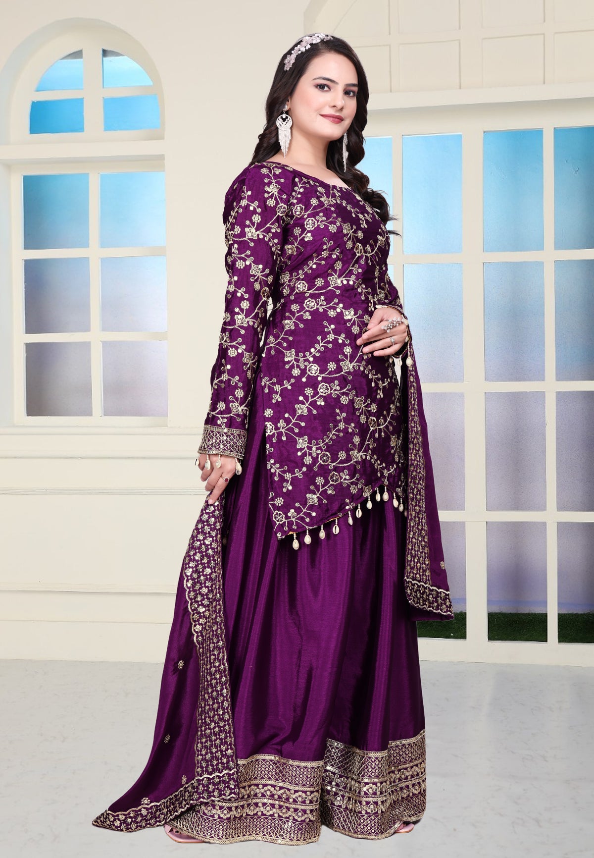 SAHELI STYLE PresentingNew Designer Embroidered Chinon Sharara Suit With Sequence Embroidered Work