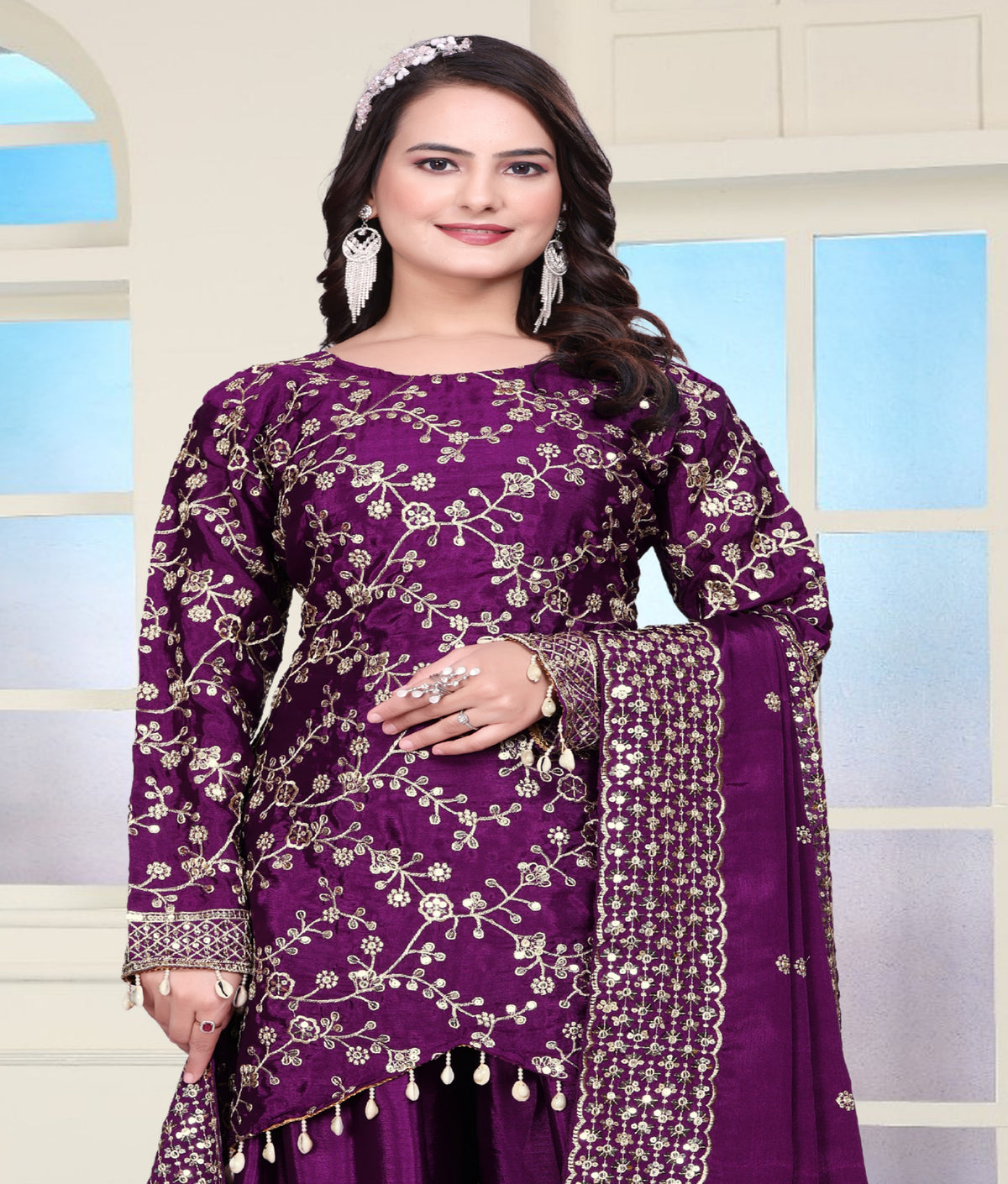 SAHELI STYLE PresentingNew Designer Embroidered Chinon Sharara Suit With Sequence Embroidered Work