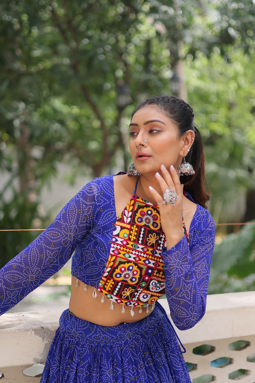 Navratri Special Bandhej Print Lehenga with Embroidered Full Sleeve Blouse