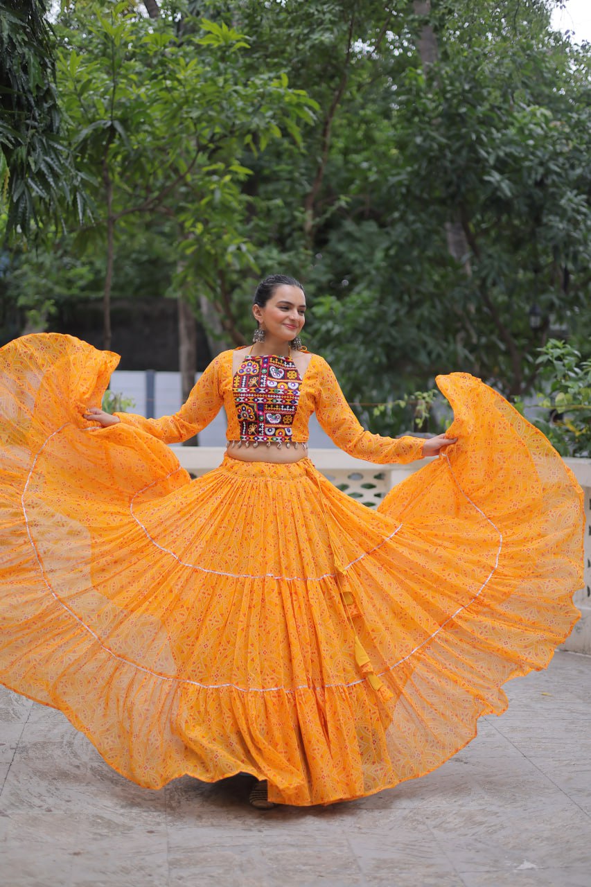 Navratri Special Bandhej Print Lehenga with Embroidered Full Sleeve Blouse