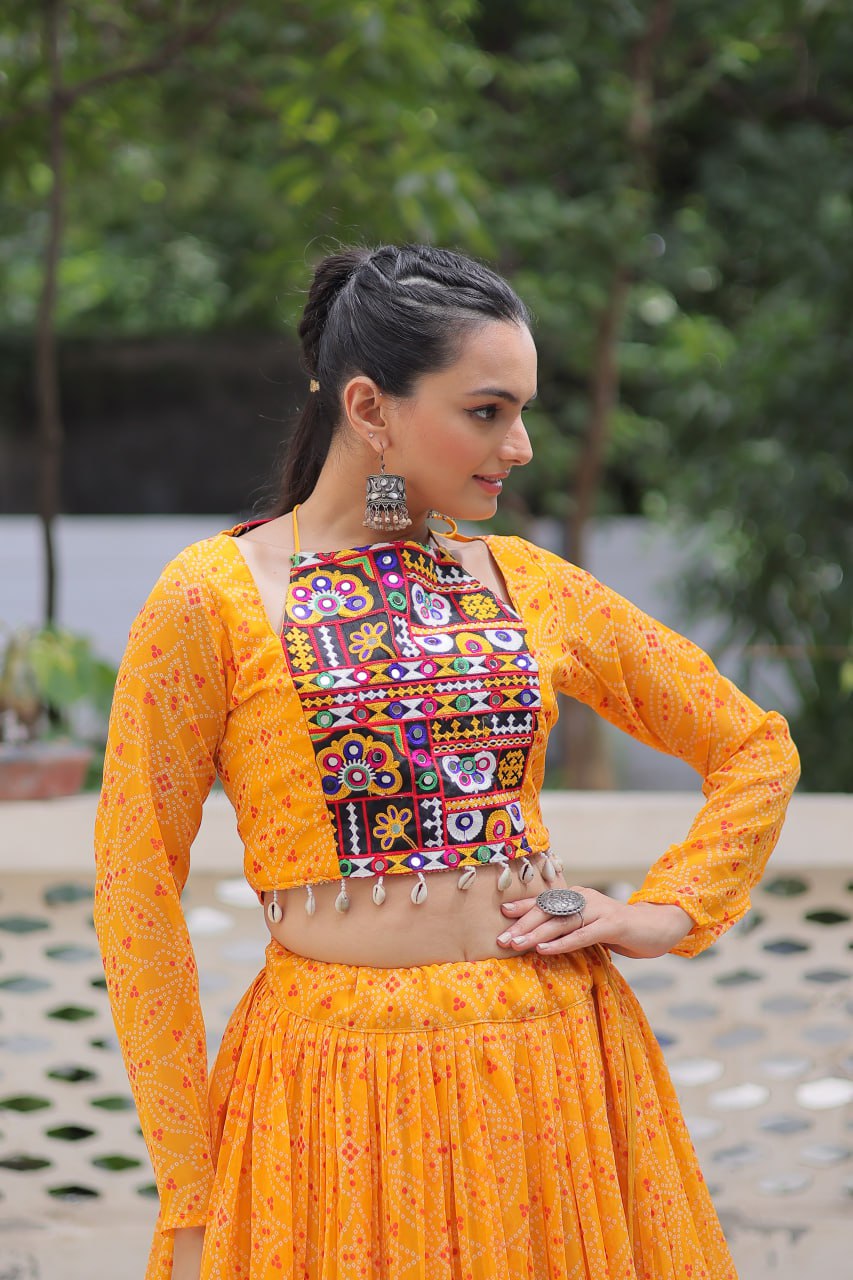 Navratri Special Bandhej Print Lehenga with Embroidered Full Sleeve Blouse