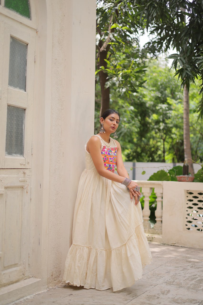 Off-White Embroidered Kora Cotton Gown β 8 Meter Flair, Sleeveless