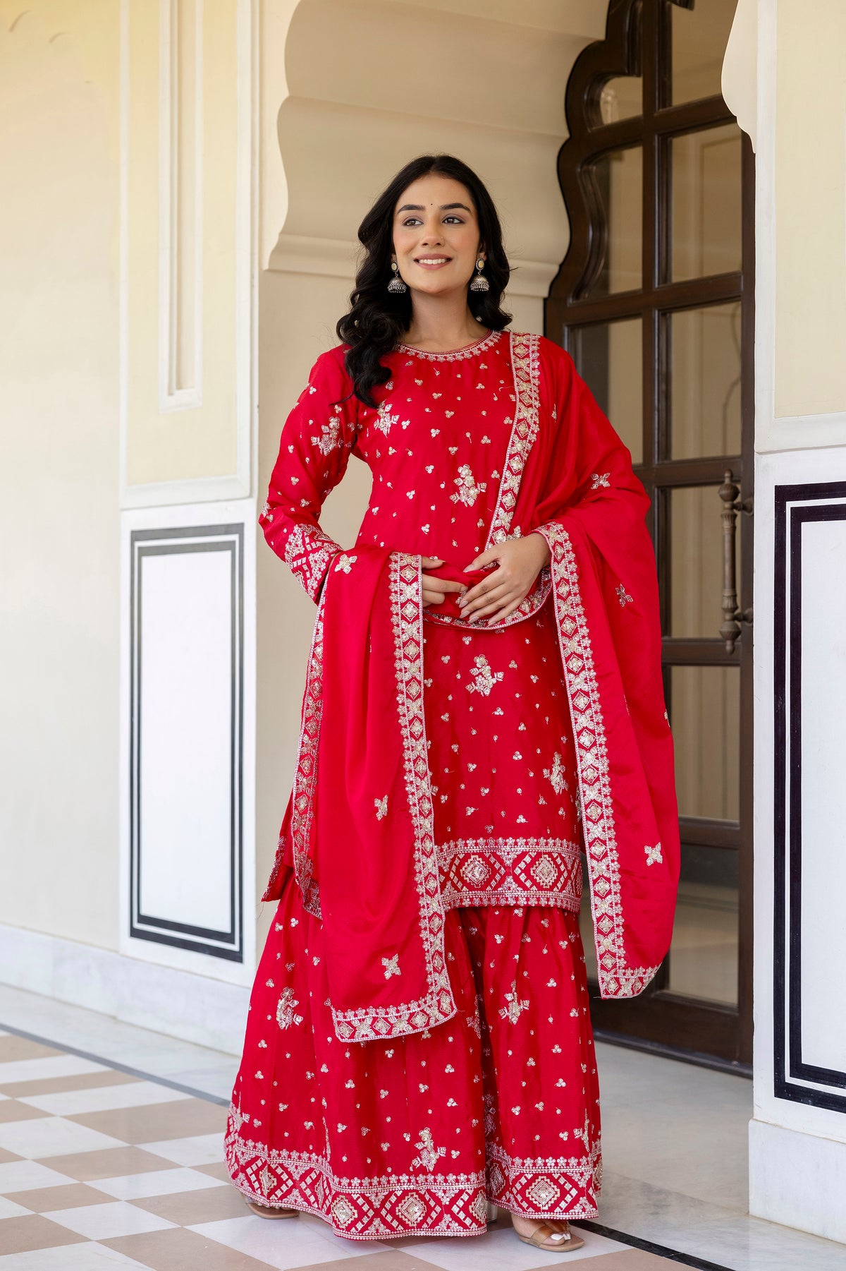 Desinger House Presents Red Color Top Bottom 3Pcs Sharara Pair