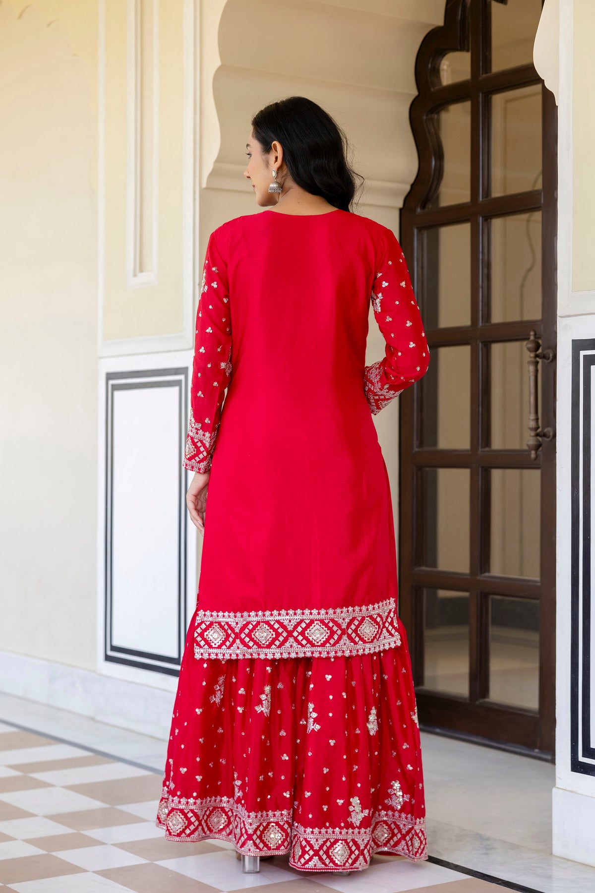 Desinger House Presents Red Color Top Bottom 3Pcs Sharara Pair