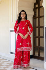 Desinger House Presents Red Color Top Bottom 3Pcs Sharara Pair
