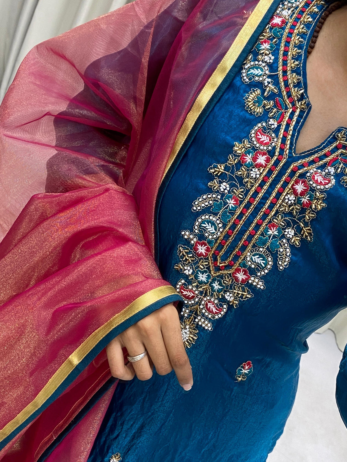 SAHELI STYLE PRESENTS HEAVY FENDI SILK HAND WORK TOP AND PANT WITH DUPATTA