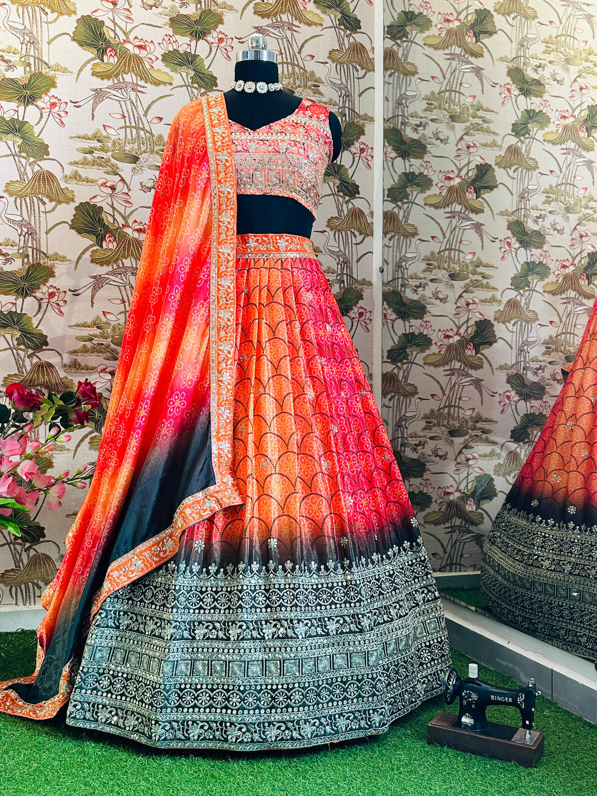 SAHELI STYLE PRESENTS CHINON SILK WITH DIGITAL PRINT AND EMBROIDERY SEQUENCE DESIGN WORK LEHENGHA CHOLI