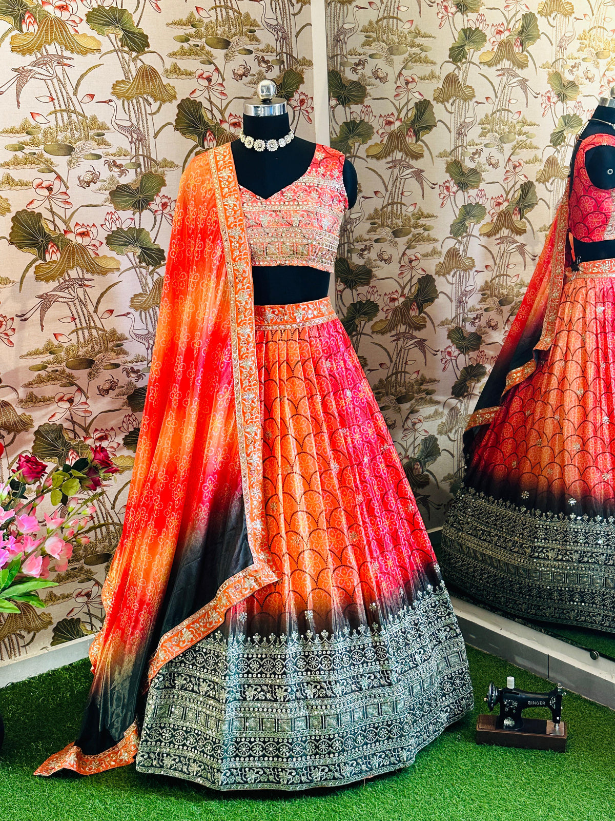 SAHELI STYLE PRESENTS CHINON SILK WITH DIGITAL PRINT AND EMBROIDERY SEQUENCE DESIGN WORK LEHENGHA CHOLI
