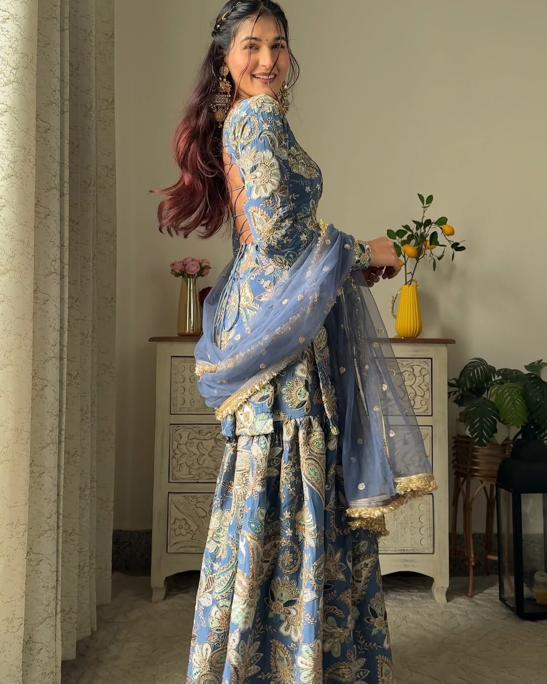 SAHELI STYLE EXCLUSIVE DESIGNER HEAVY CHINON WITH SEQUANCE EMBROIDERY WORK SUIT WITH FULL FLAIR WORK SHARARA