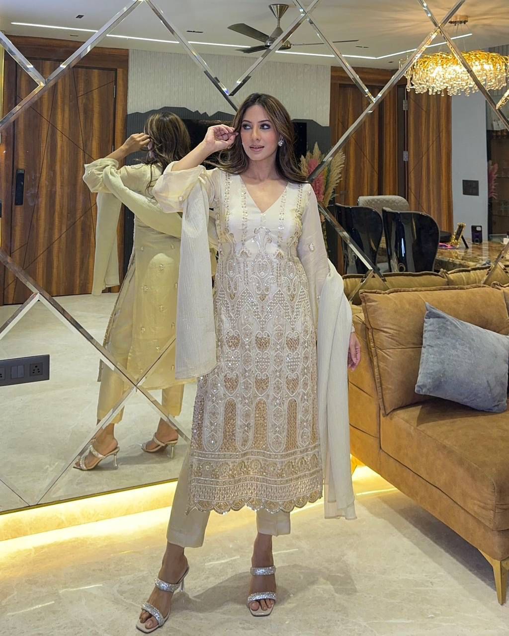 SAHELI STYLE PRESENTS GEORGETTE SEQUENCE EMBROIDERED WORK TOP AND PENT WITH DUPATTA