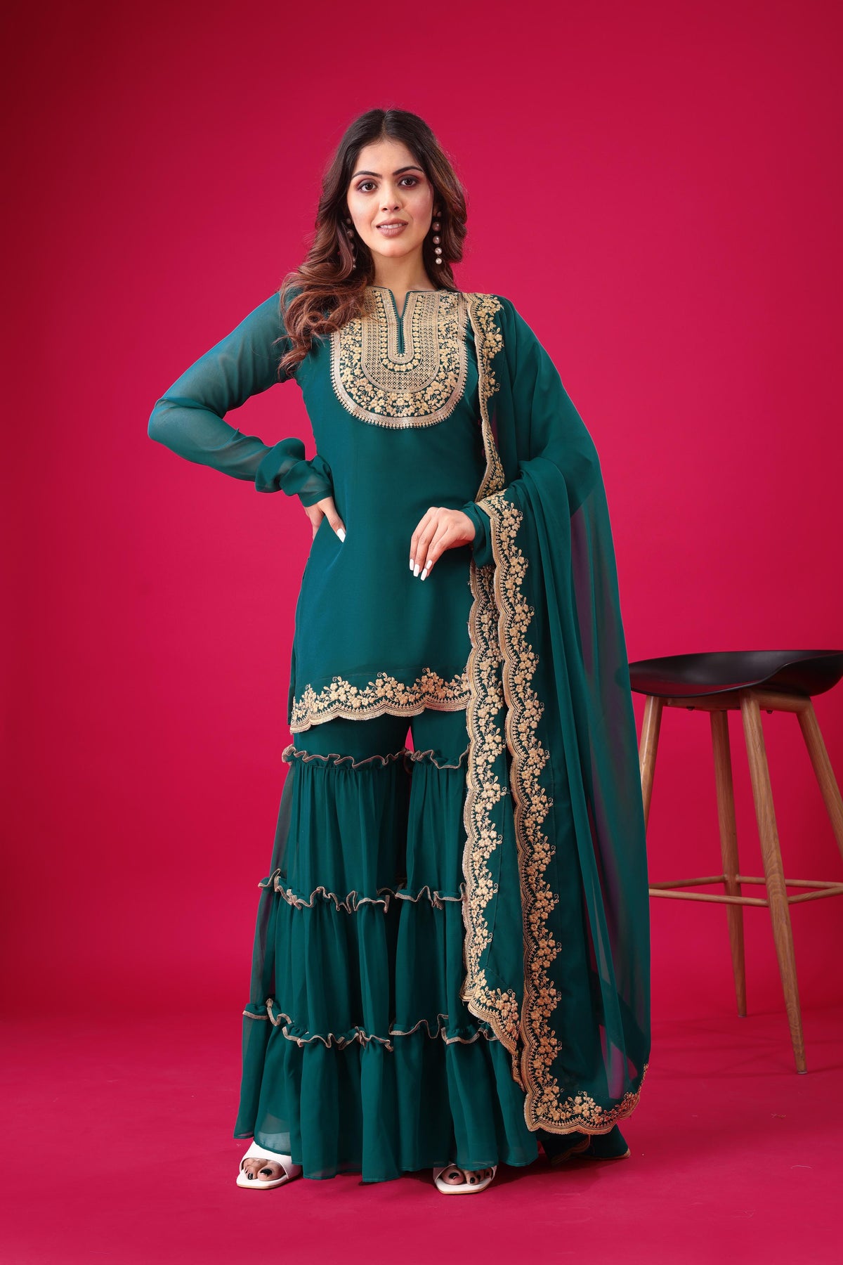 SAHELI STYLE Presenting New Designer Collection In Blooming Faux Georgette With Heavy Embroidery Sequence Thread Work Top-Bottom And Dupatta Set Fully Stitched Ready To Wear