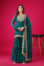 SAHELI STYLE Presenting New Designer Collection In Blooming Faux Georgette With Heavy Embroidery Sequence Thread Work Top-Bottom And Dupatta Set Fully Stitched Ready To Wear