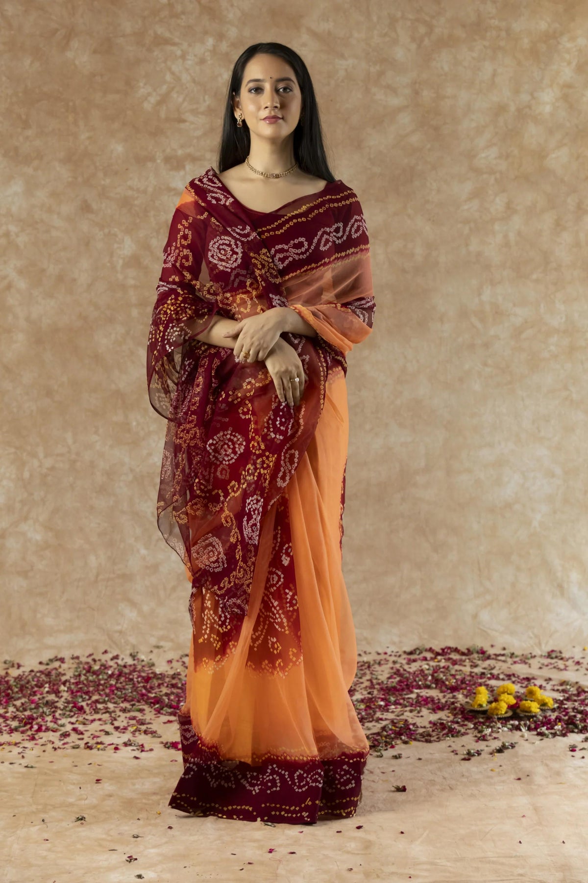 SAHELI STYLEPRESENTS GEORGETTE BANDHANI SAREE MAROON+ORANGE