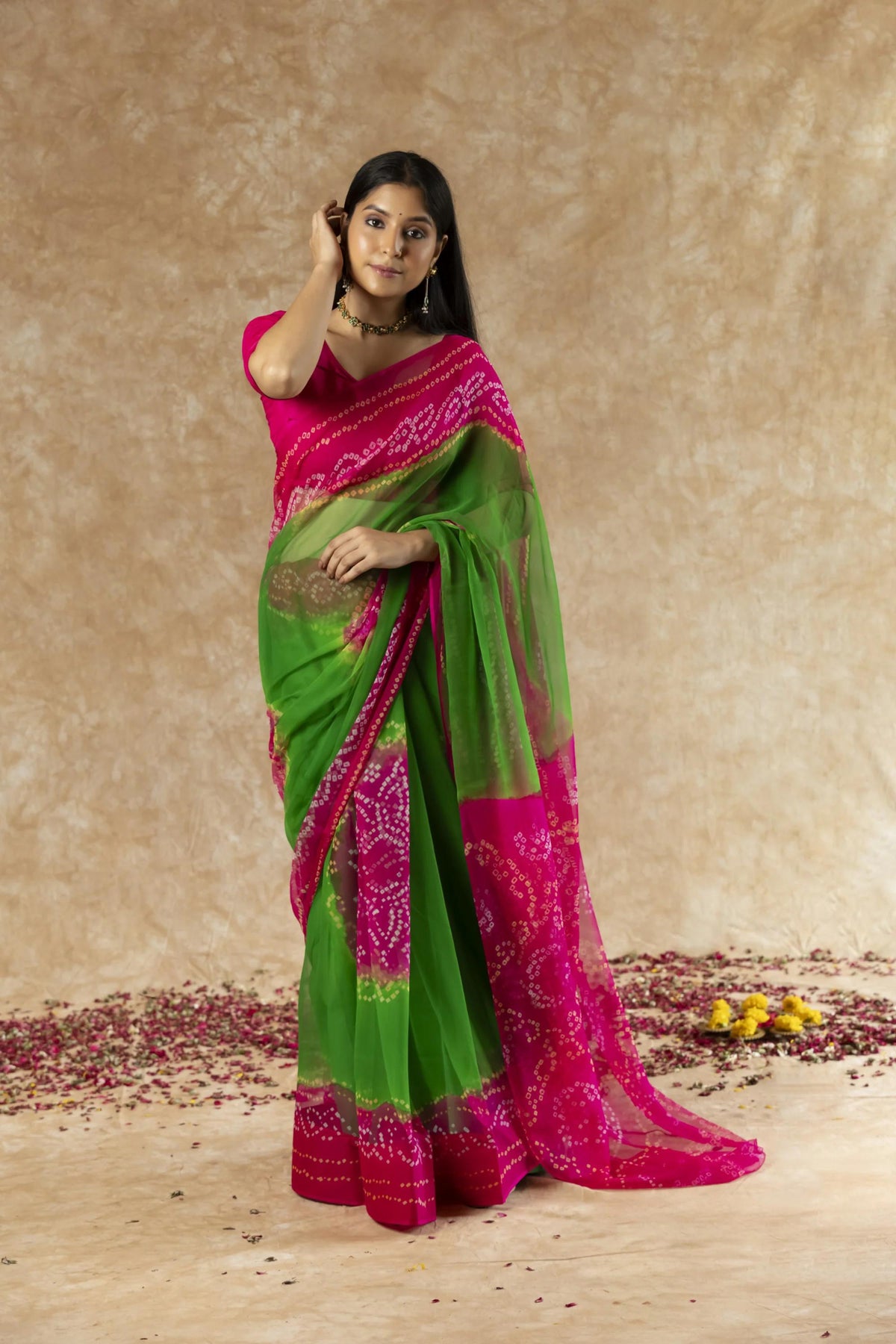 SAHELI STYLEPRESENTS GEORGETTE BANDHANI SAREE GREEN+PINK