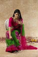SAHELI STYLEPRESENTS GEORGETTE BANDHANI SAREE GREEN+PINK
