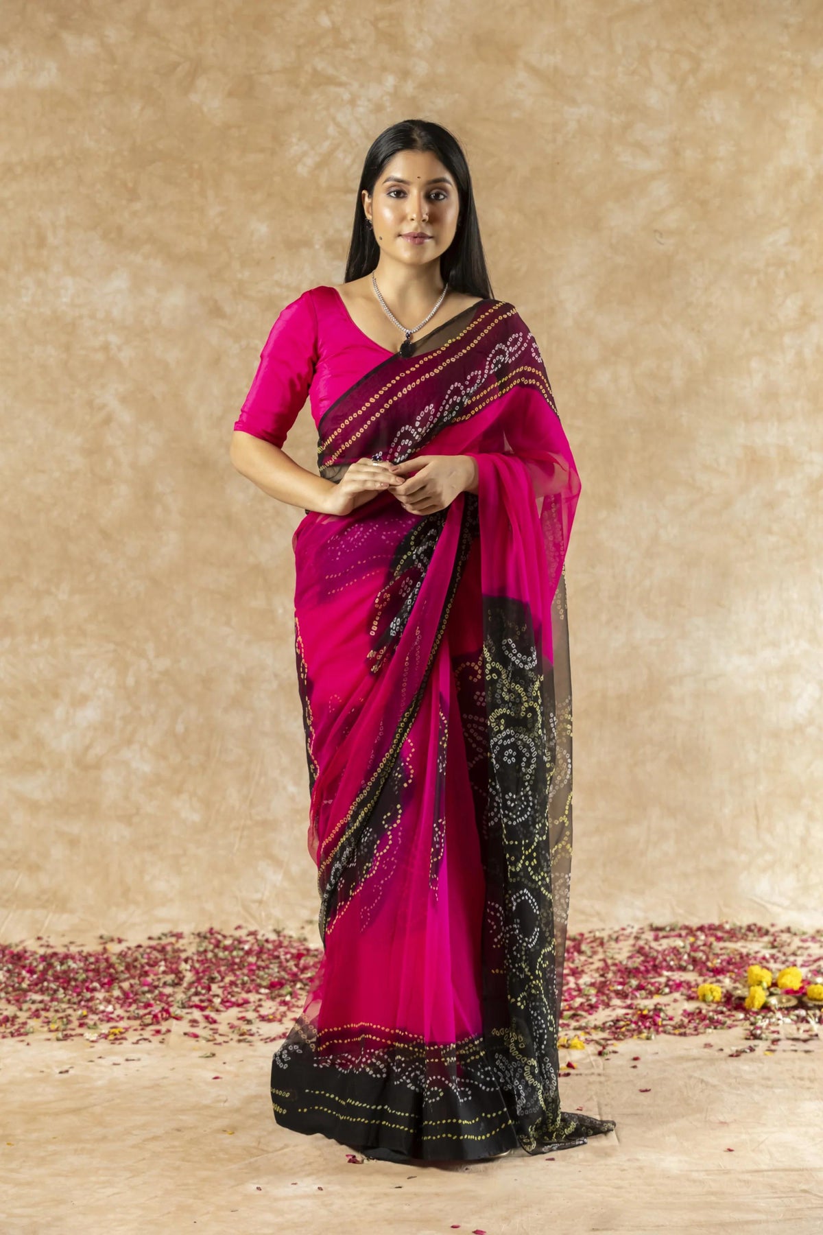 SAHELI STYLEPRESENTS GEORGETTE BANDHANI SAREE PINK+BLACK