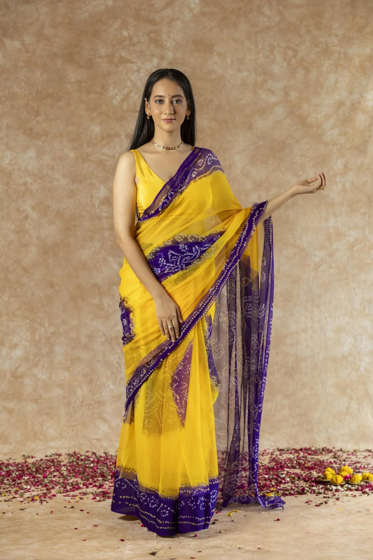 SAHELI STYLE PRESENTS GEORGETTE BANDHANI SAREE YELLOW+BLUE