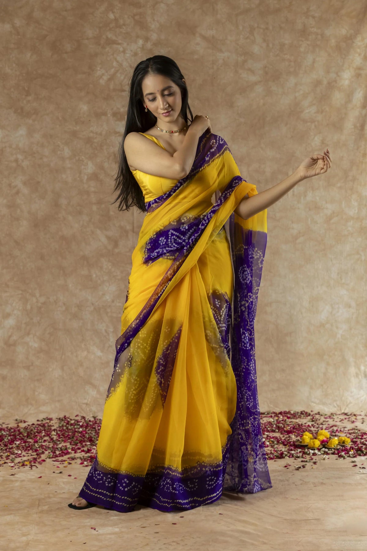 SAHELI STYLE PRESENTS GEORGETTE BANDHANI SAREE YELLOW+BLUE