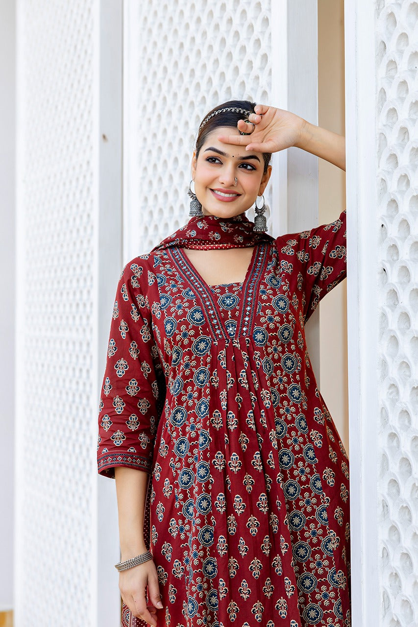 SAHELI STYLE PRESENTS MAROON COTTON KURTI PANT DUPATTA PAIR