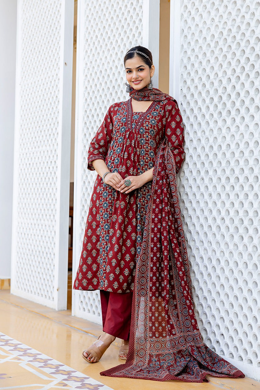 SAHELI STYLE PRESENTS MAROON COTTON KURTI PANT DUPATTA PAIR