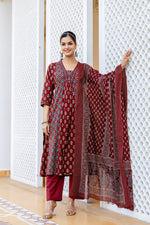 SAHELI STYLE PRESENTS MAROON COTTON KURTI PANT DUPATTA PAIR