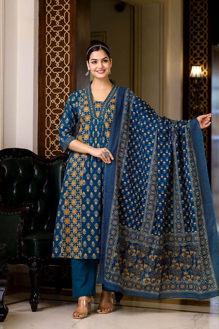 SAHELI STYLE PRESENTS SKY BLUE COTTON KURTI PANT DUPATTA PAIR SET