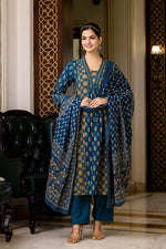 SAHELI STYLE PRESENTS SKY BLUE COTTON KURTI PANT DUPATTA PAIR SET