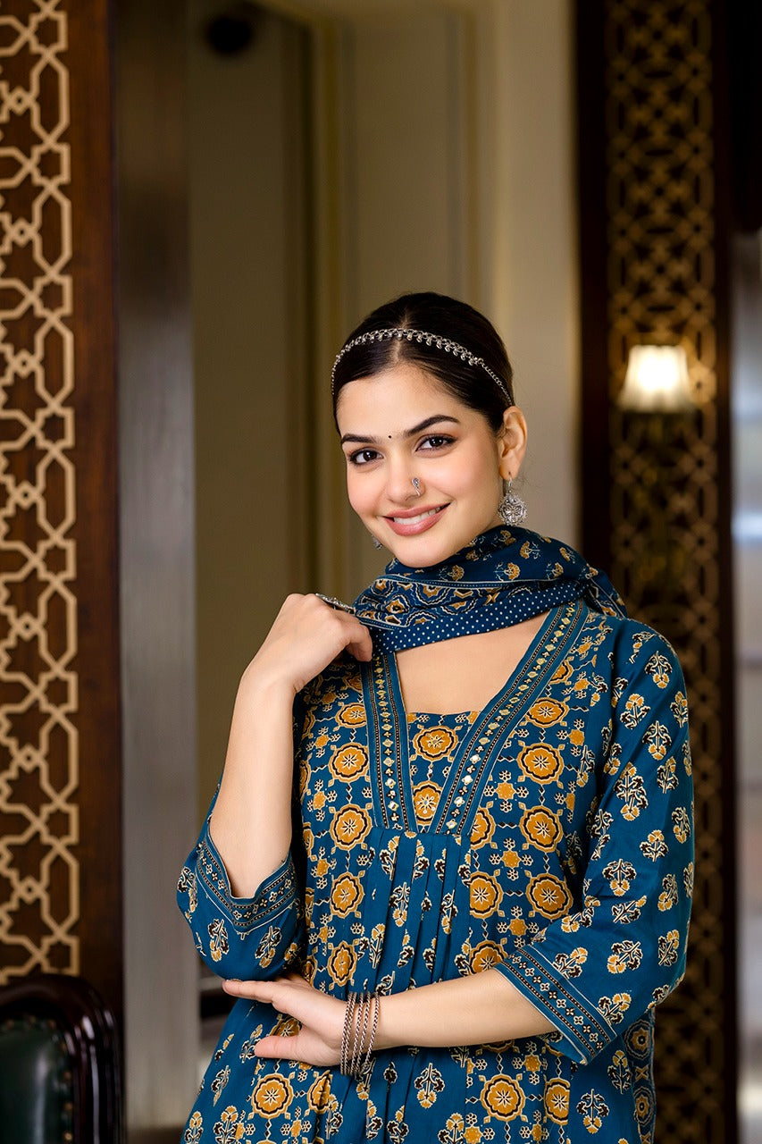 SAHELI STYLE PRESENTS SKY BLUE COTTON KURTI PANT DUPATTA PAIR SET