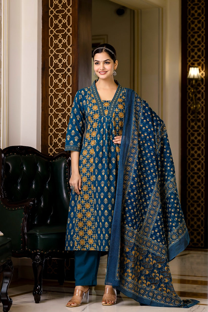 SAHELI STYLE PRESENTS SKY BLUE COTTON KURTI PANT DUPATTA PAIR SET