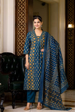 SAHELI STYLE PRESENTS SKY BLUE COTTON KURTI PANT DUPATTA PAIR SET