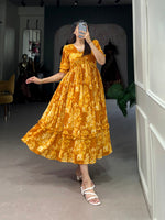 SAHELI STYLE PRESENTS GEORGETTE YELLOW FLORAL MAXI DRESS