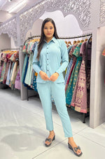 SAHELI STYLE PRESENTS PEACH SHIRT-PANT CO-ORD SET