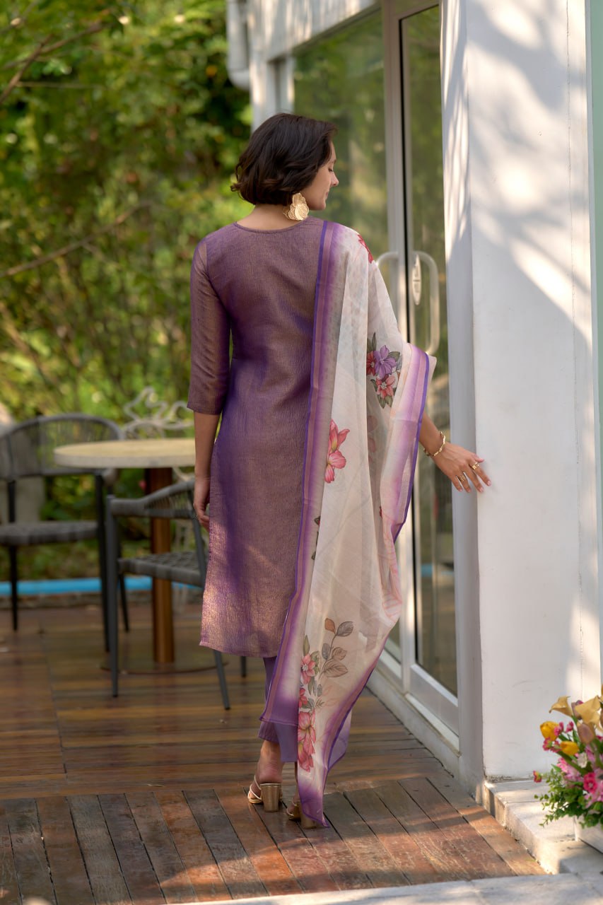 SAHELI STYLE Presents Lavender Elegant Straight Kurti Pant Dupatta Set