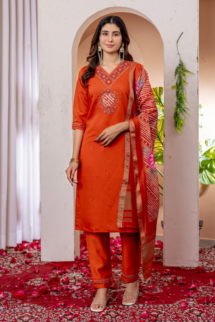 SAHELI STYLE Presents Orange Elegant Straight Kurti Pant Dupatta Set