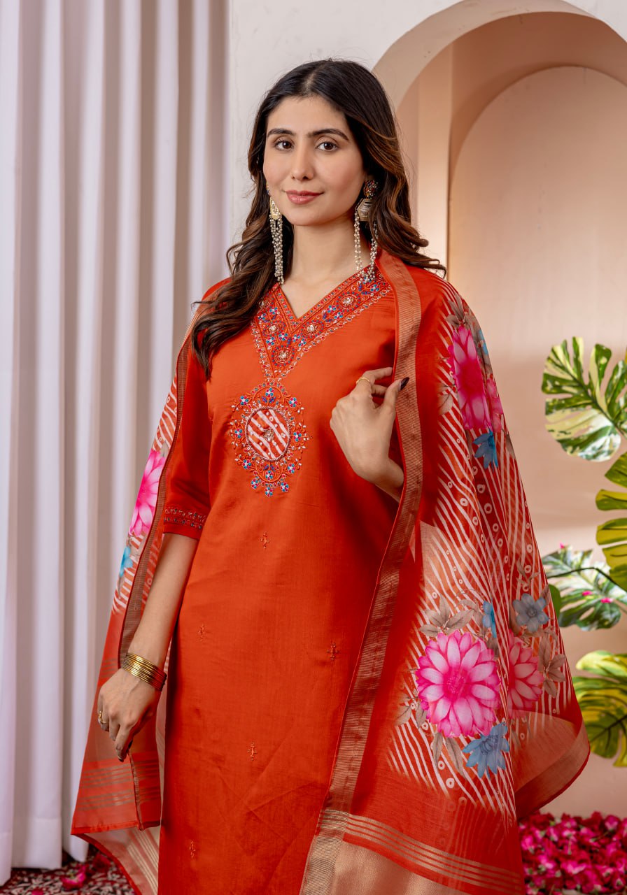 SAHELI STYLE Presents Orange Elegant Straight Kurti Pant Dupatta Set