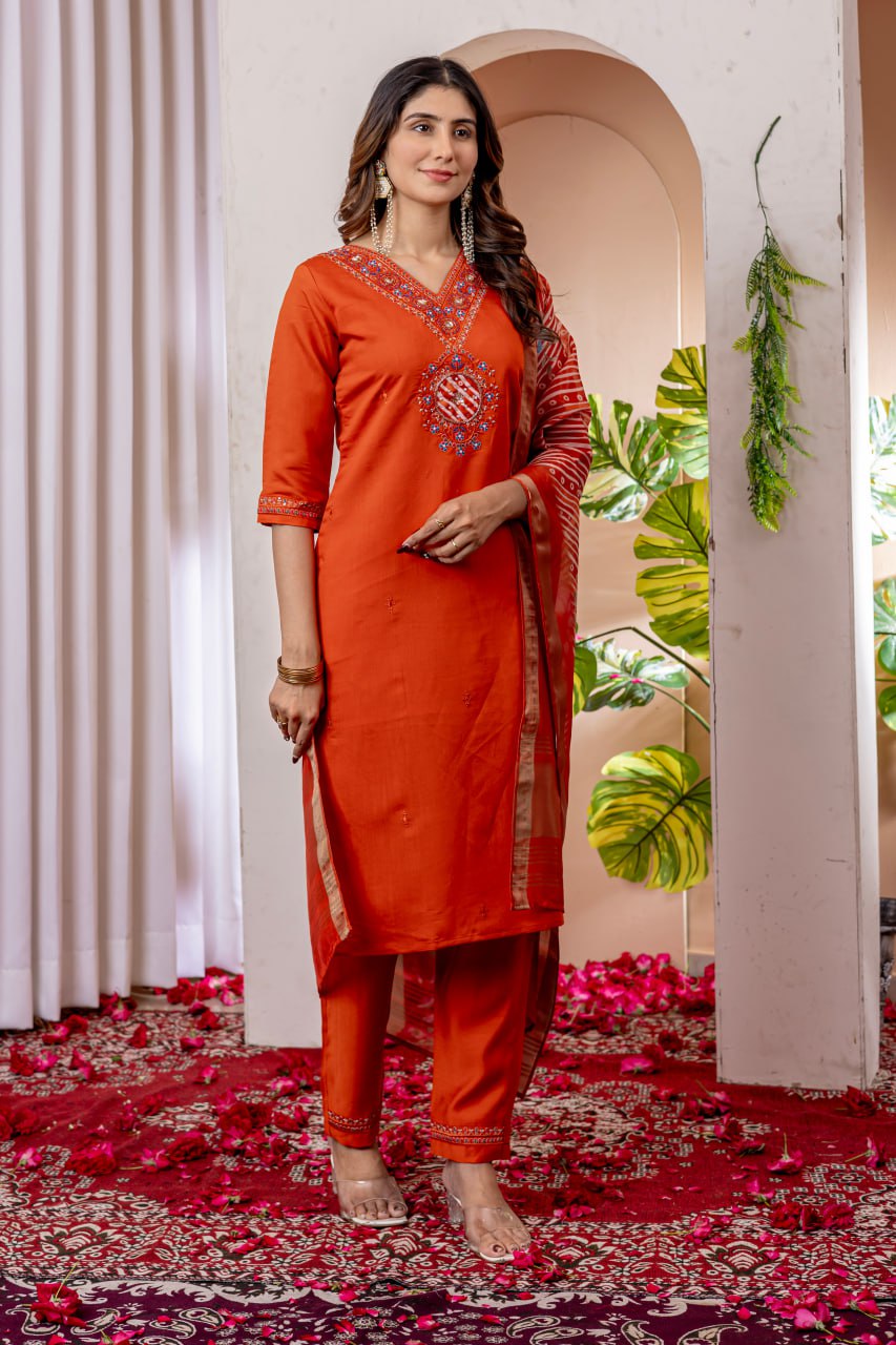 SAHELI STYLE Presents Orange Elegant Straight Kurti Pant Dupatta Set