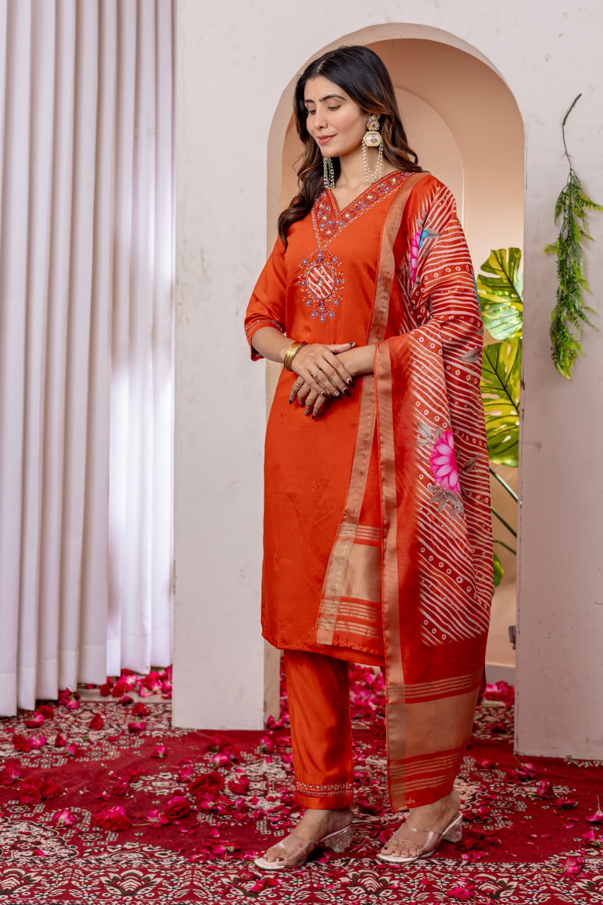 SAHELI STYLE Presents Orange Elegant Straight Kurti Pant Dupatta Set