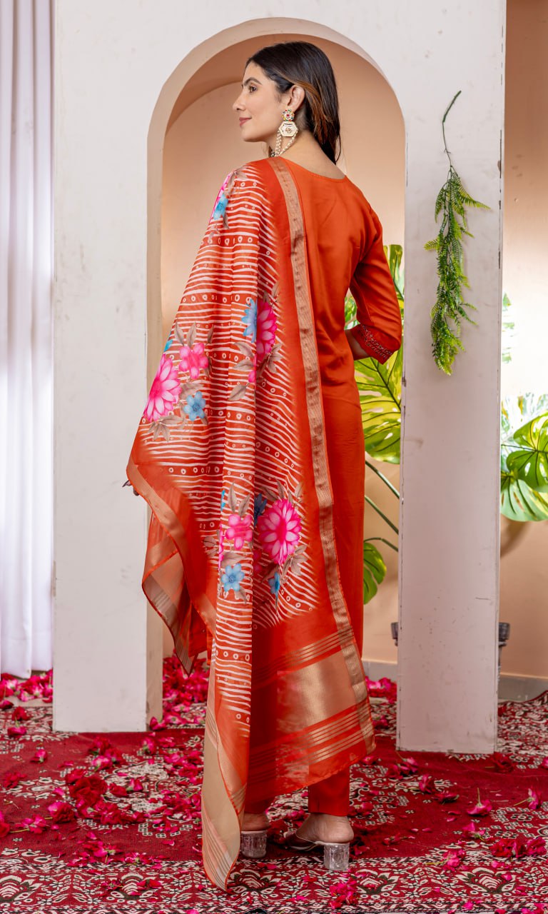 SAHELI STYLE Presents Orange Elegant Straight Kurti Pant Dupatta Set