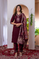 SAHELI STYLE Presents Maroon Elegant Straight Kurti Pant Dupatta Set