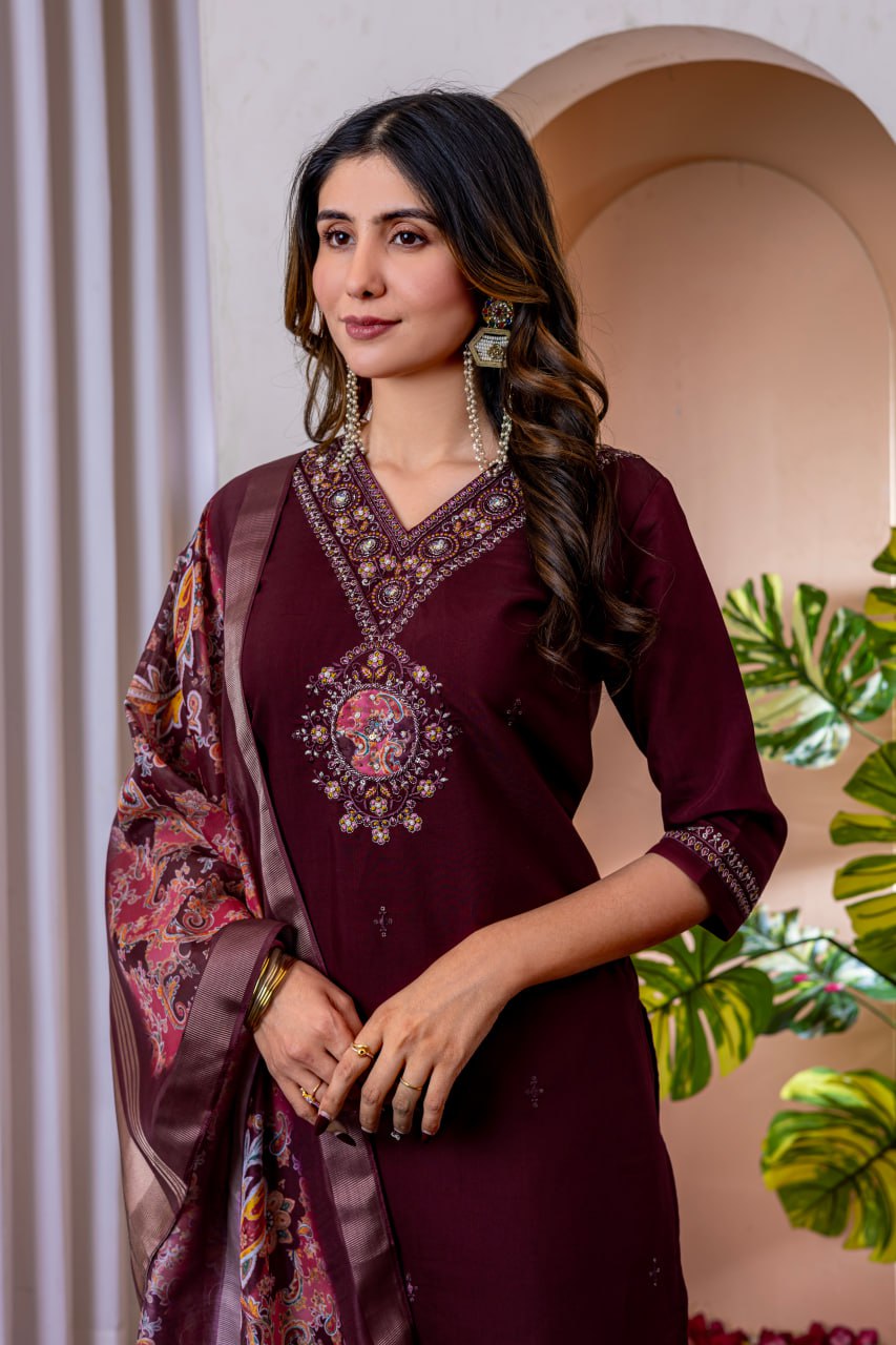SAHELI STYLE Presents Maroon Elegant Straight Kurti Pant Dupatta Set