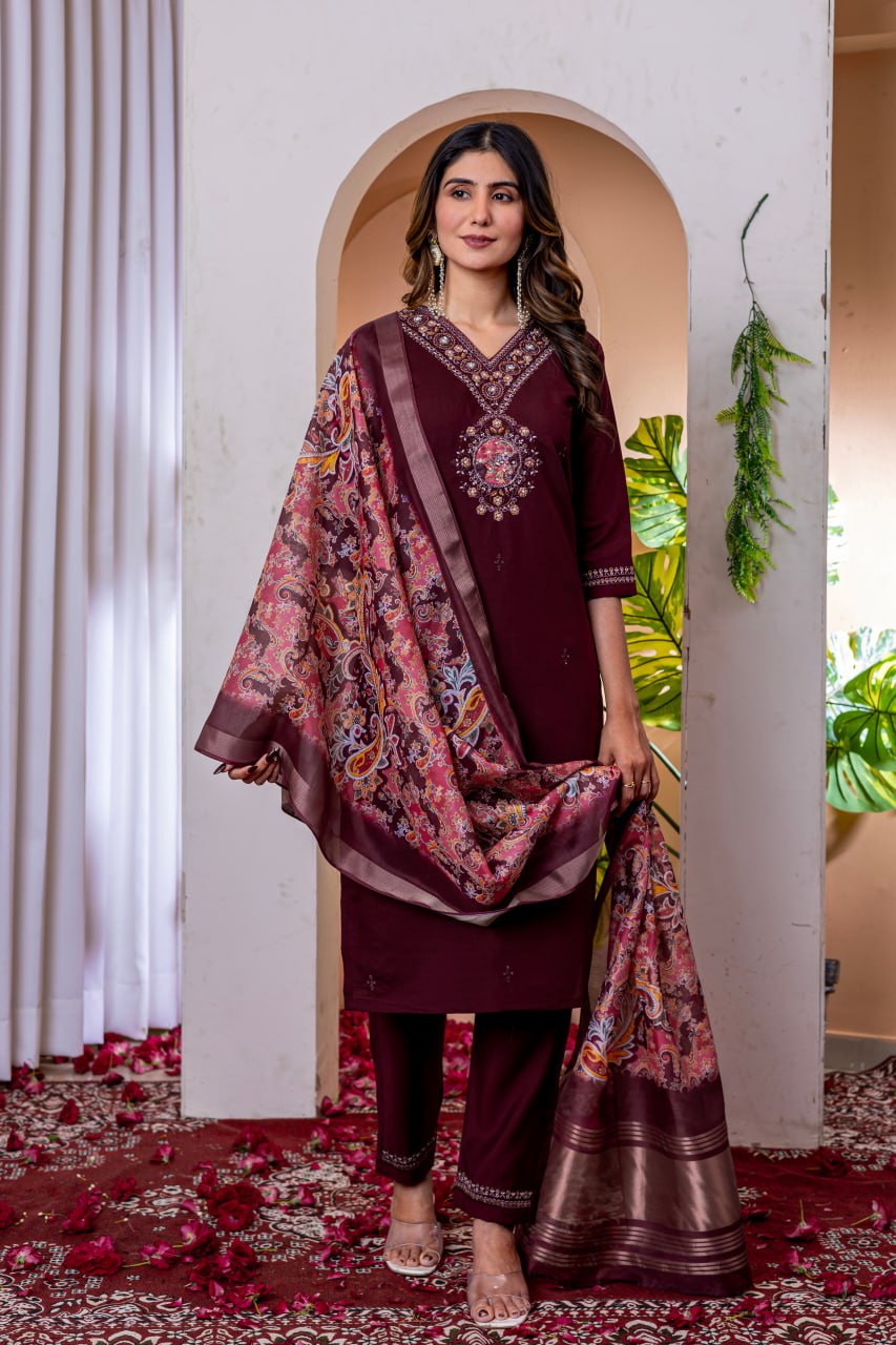 SAHELI STYLE Presents Maroon Elegant Straight Kurti Pant Dupatta Set