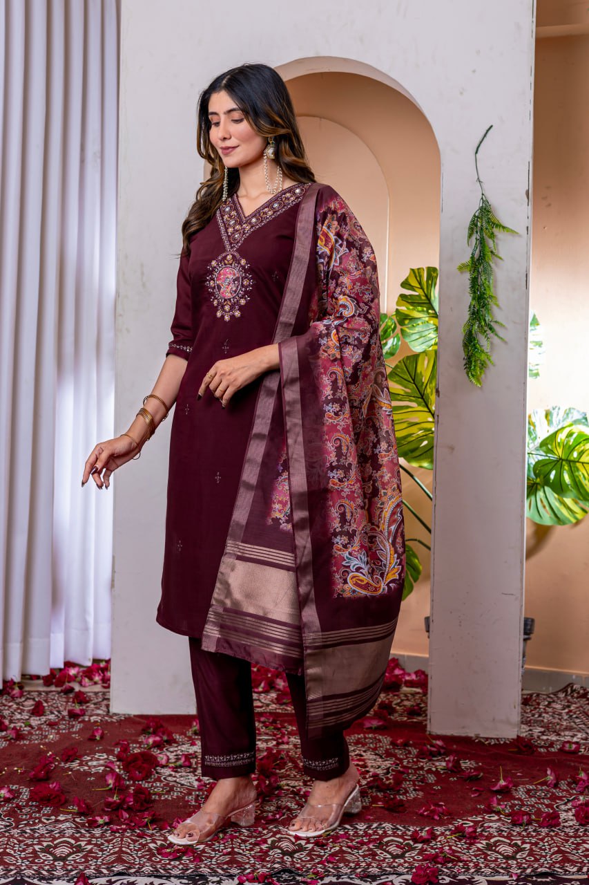 SAHELI STYLE Presents Maroon Elegant Straight Kurti Pant Dupatta Set