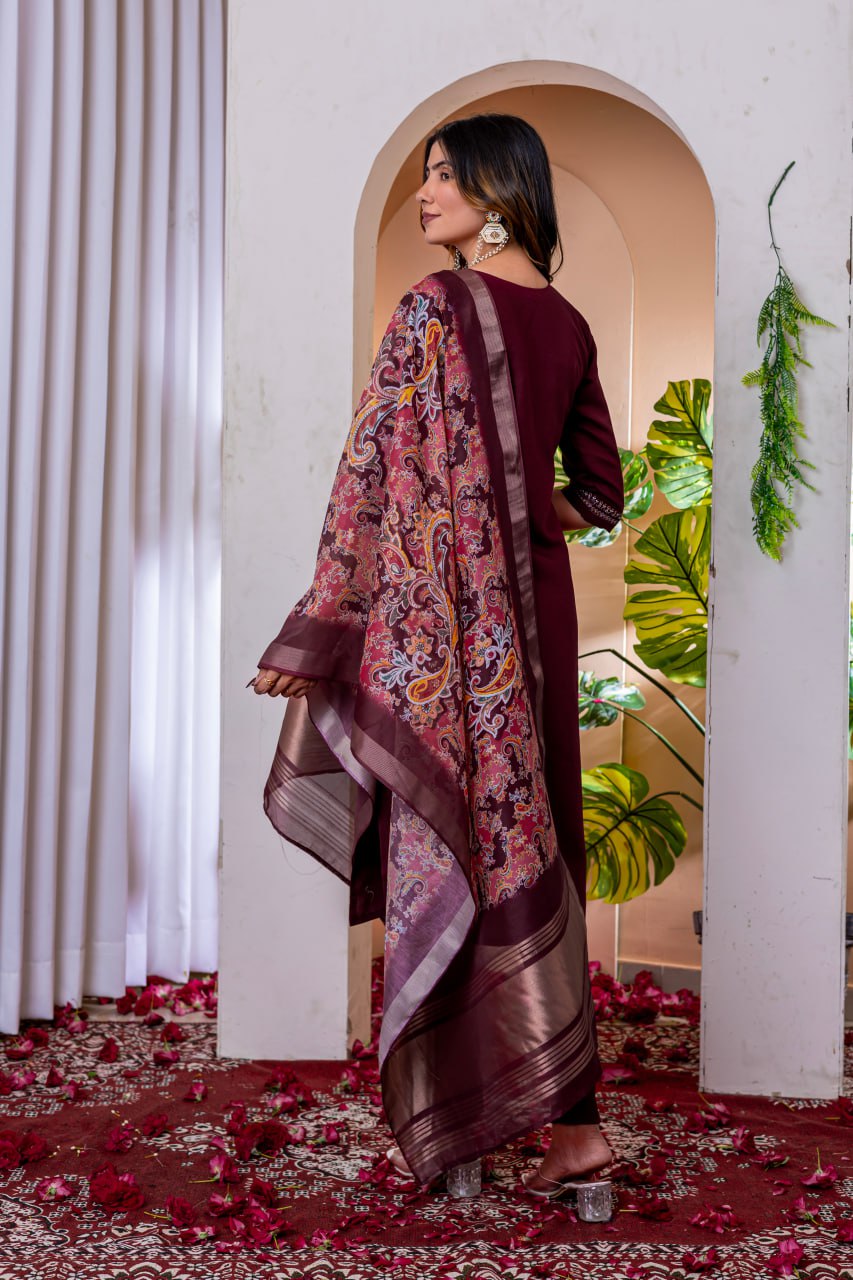 SAHELI STYLE Presents Maroon Elegant Straight Kurti Pant Dupatta Set