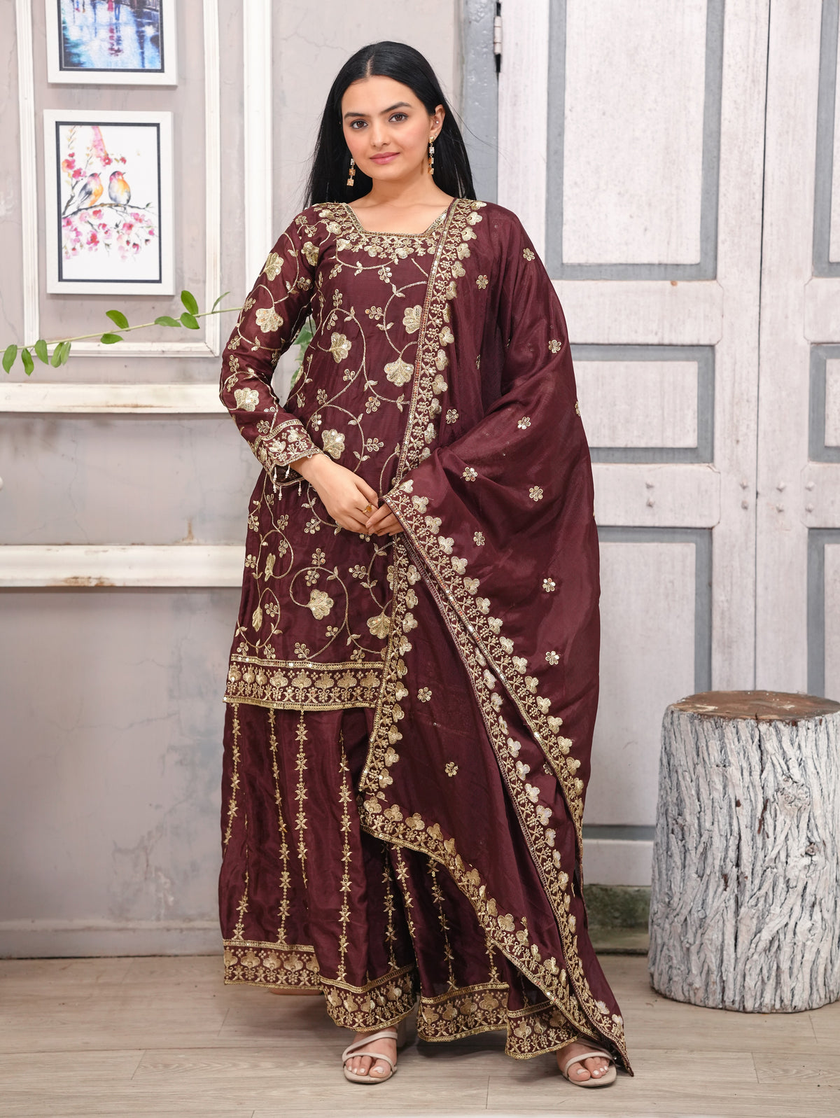 SAHELI STYLE PresentingNew Designer Embroidered Chinon Sharara Suit With Sequence Embroidered Work