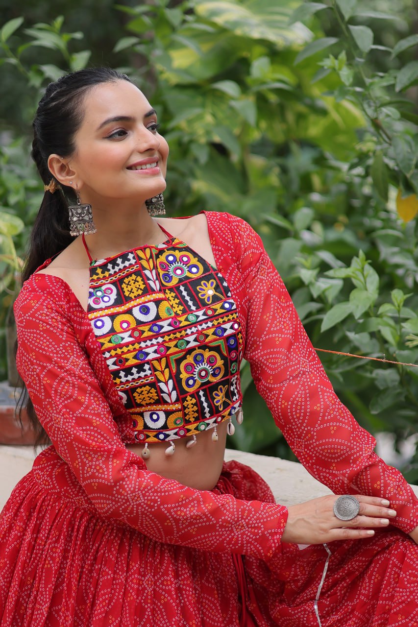 Navratri Special Bandhej Print Lehenga with Embroidered Full Sleeve Blouse