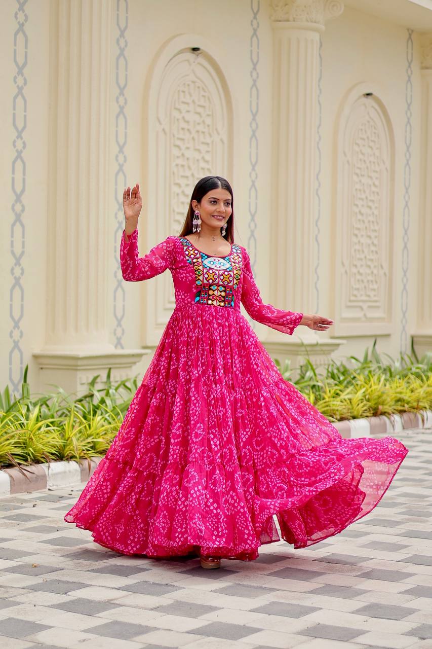 Navratri Special Gamathi Work Gown – Georgette with Real Mirror