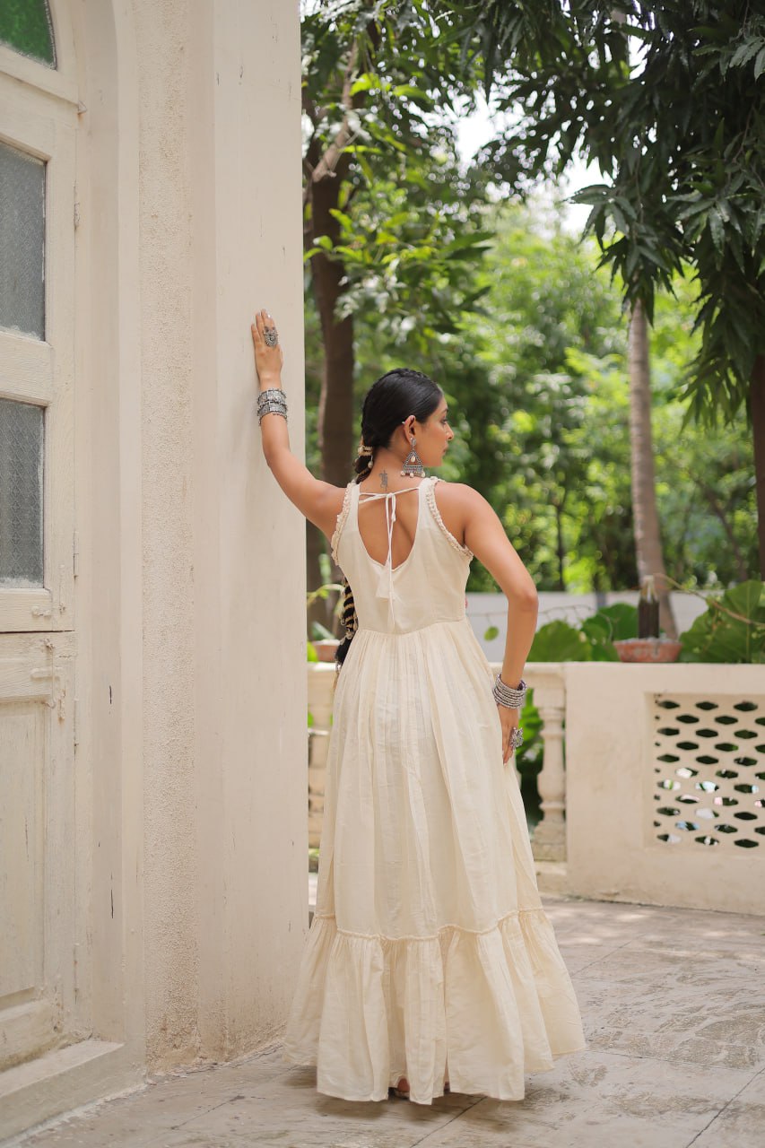 Off-White Embroidered Kora Cotton Gown – 8 Meter Flair, Sleeveless